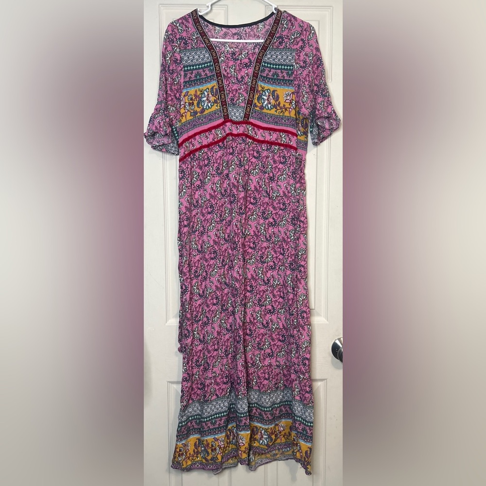 Bohemian Style Floral Embroidered Vneck Tie Waist Maxi Dress